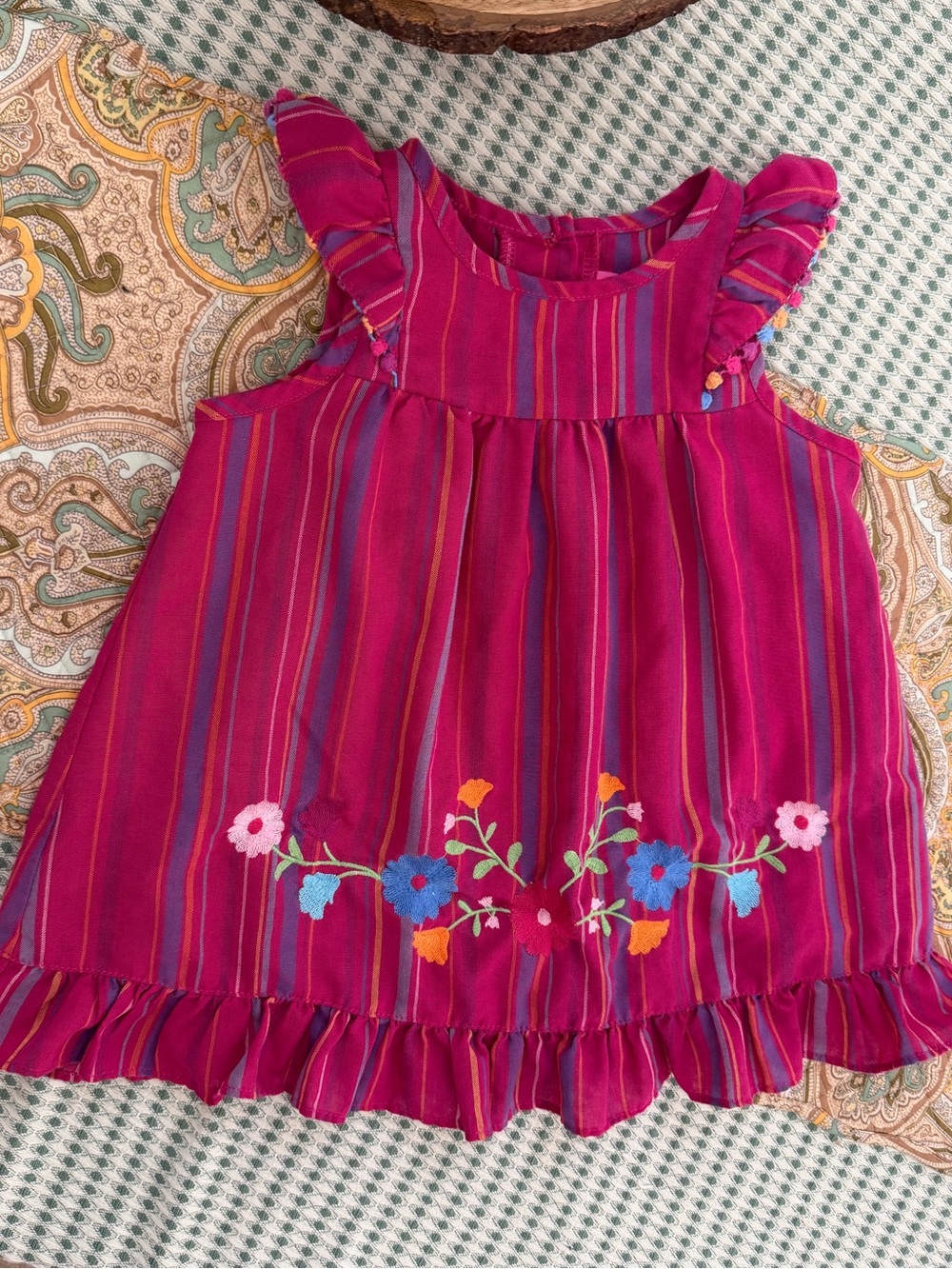 Good Lad Magenta Mexican Floral Embroidered Toddler Striped Dress 3T Pom Ruffle